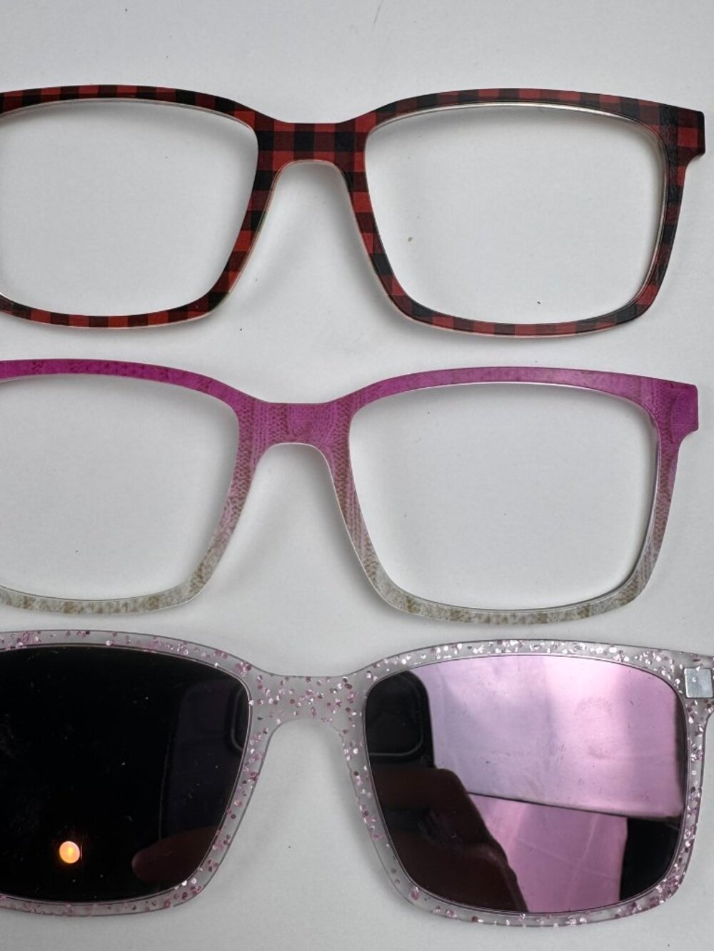 lot of 3 pair eyewear the kirby magnetic toppers sun tops plaid pink glitter